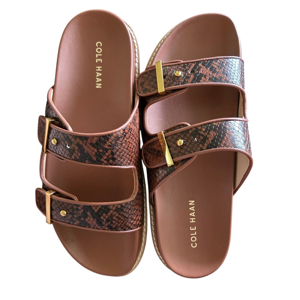 Cole Haan Marisol Adjustable Slide Sandals Womens 7.5 Brown New Snakeskin Emboss - Picture 1 of 7